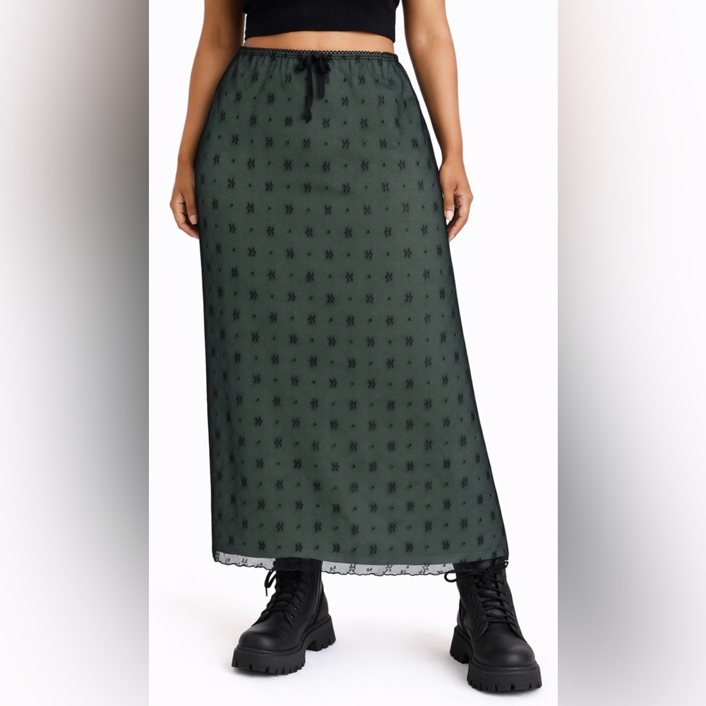 Sheer Green Black Mesh Maxi Skirt Black Y2K Goth Goblin Whimsy Grunge Bow Rave M